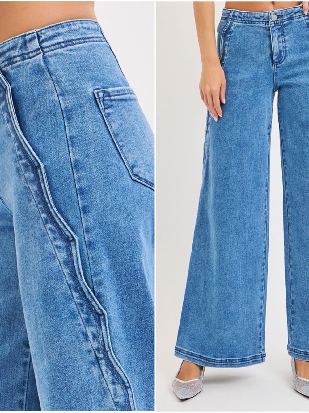 Risen Medium Wash Scalloped edge detail Wide leg Denim Jeans - Picture 1 of 3